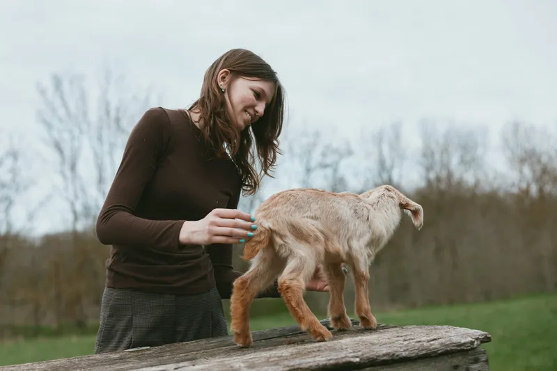 A young woman in a brown sweater gently interacts with a baby goat standing on a wooden surface in a natural outdoor setting during a calm day.