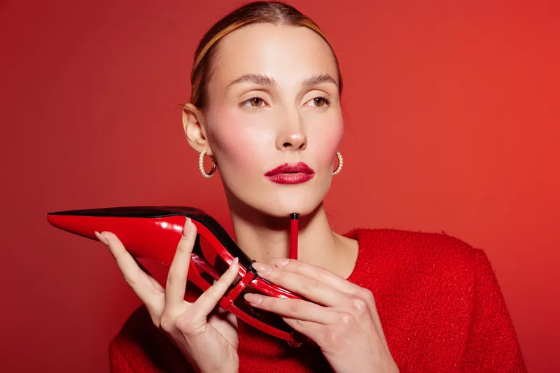 Stylish woman in red sweater holds red high heel shoe near face, applying matching lipstick. Fashion concept with bold colors and elegant makeup on red background.