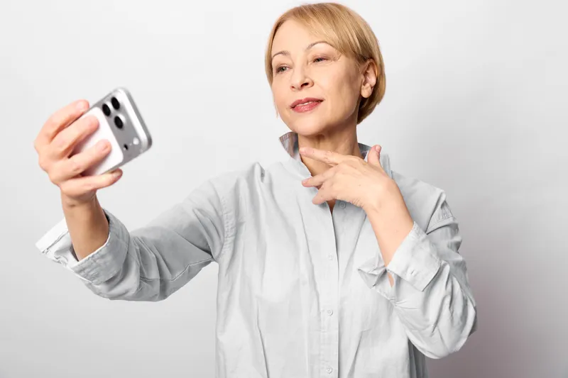 Woman with smartphone selfie portrait in studio, older caucasian casual look, holding phone near face, gentle smile, touching neck, white background, soft light