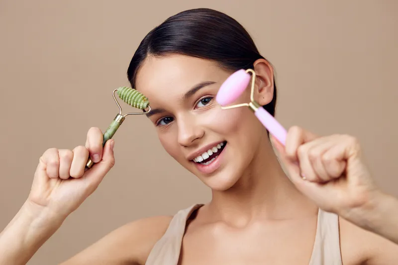 Young woman smiling and holding jade and rose quartz facial rollers, promoting healthy skincare routine and self care