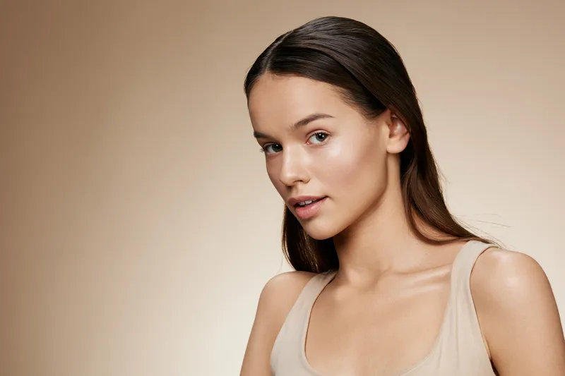 Beautiful female model with smooth skin wearing a neutral tank top, showcasing a natural makeup look against a soft beige background, conveying a sense of tranquility and elegance