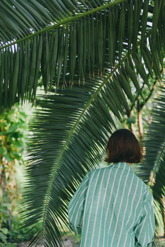 Woman in a striped green shirt walks beneath lush palm leaves, enjoying a serene tropical setting. Soft light filters through fronds, creating calm green and gold tones around the figure.
