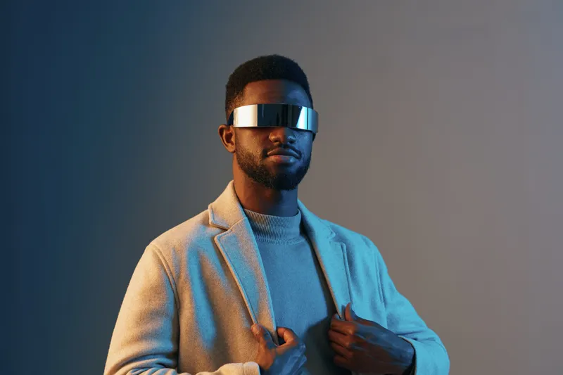 Stylish young African man with futuristic sunglasses in a trendy outfit, showcasing confidence against a gradient background, ideal for fashion and lifestyle themes