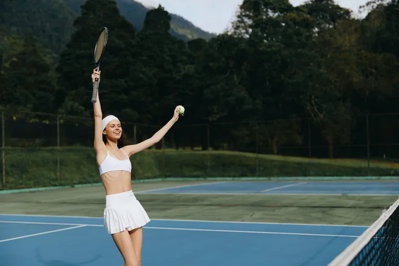 Cheerful young woman playing tennis outdoors in sporty attire, showcasing her joy and athleticism in a vibrant green park with a clear blue sky