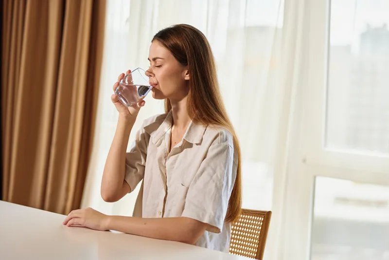 Woman drinking water from a glass at home, sitting at a white table by a sunlit window. Casual shirt, long hair and relaxed morning routine focused on hydration and wellness.