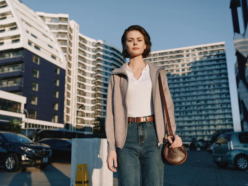 A confident woman stands in a parking lot beside modern buildings. She wears a white blouse, jeans, and a cardigan, carrying a small bag, looking ahead with poise and calm.