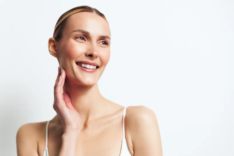 Smiling woman with clear skin looking away, natural light on face, minimal makeup, white background, relaxed expression, bare shoulders, healthy complexion