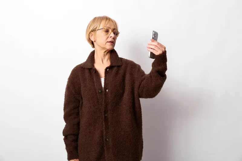 Woman senior smartphone selfie portrait indoors communication technology casual holding phone pose standing in white background female coat photograph