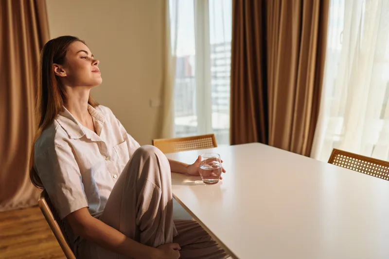 Woman relaxing at home at a white table, holding a glass of water and breathing deeply in warm sunlight, casual loungewear and calm morning routine for mindful pause and wellness.