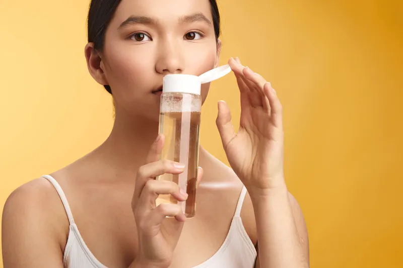 Asian woman in a light casual outfit enjoys a refreshing drink from a clear bottle with a straw, smiling gently as she savors a healthy moment.