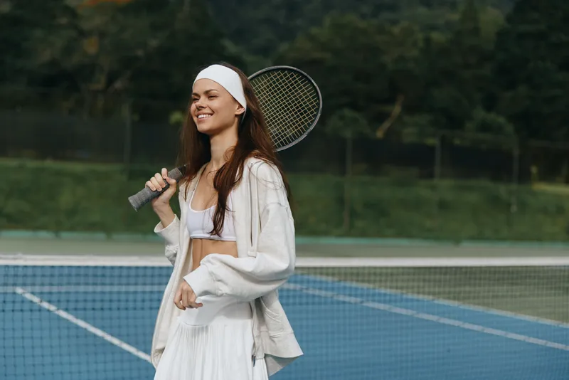 Young athlete enjoying tennis on a sunny day, wearing sportswear and smiling, showcasing an active lifestyle on a tennis court