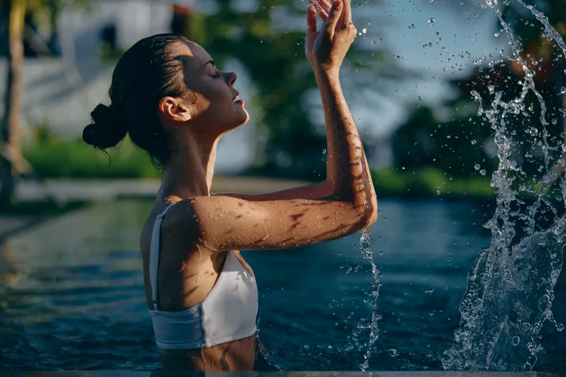 Water, woman, outdoor, shower, pool, refreshing, sunlight, summer, lifestyle, wellness. A woman enjoys an outdoor shower by a pool, hands raised to feel the spray, bright, carefree moment of self