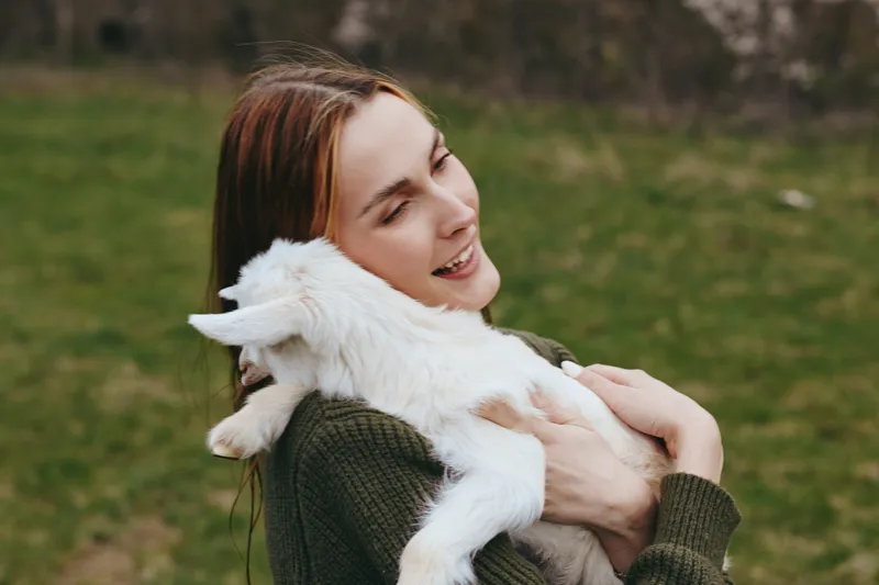 Happy young woman hugs a fluffy goat kid in a green field, sharing a tender outdoor moment, conveying warmth, friendship, and simple countryside joy, showcasing affection between human and animal