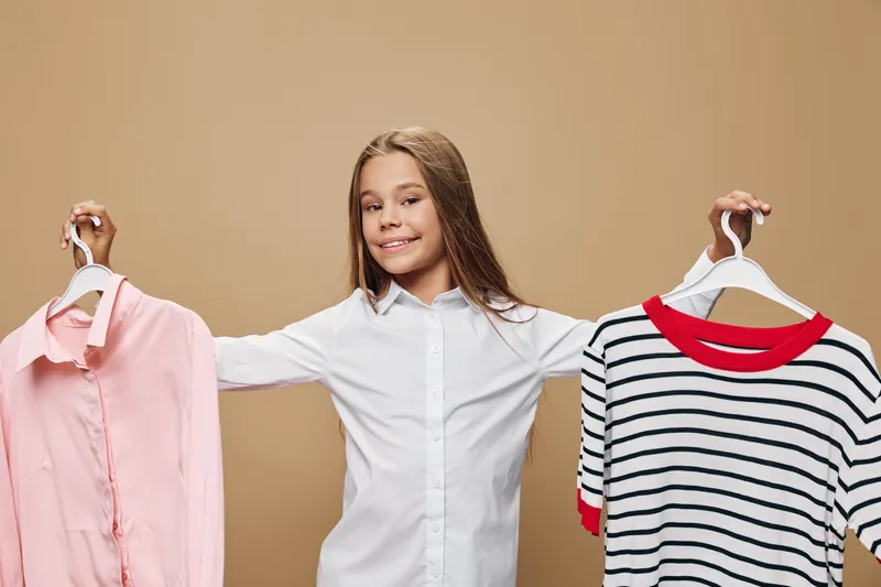 Girl with long hair smiling and holding two hangers with clothes, pink shirt and striped sweater with red collar on beige background. Young child wearing white shirt, choosing outfit.