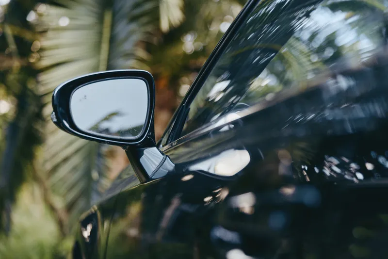 Car side mirror mirror closeup of black vehicle with reflection of palm leaves, glossy exterior and shallow depth of field for automotive detail and tropical lifestyle mood.