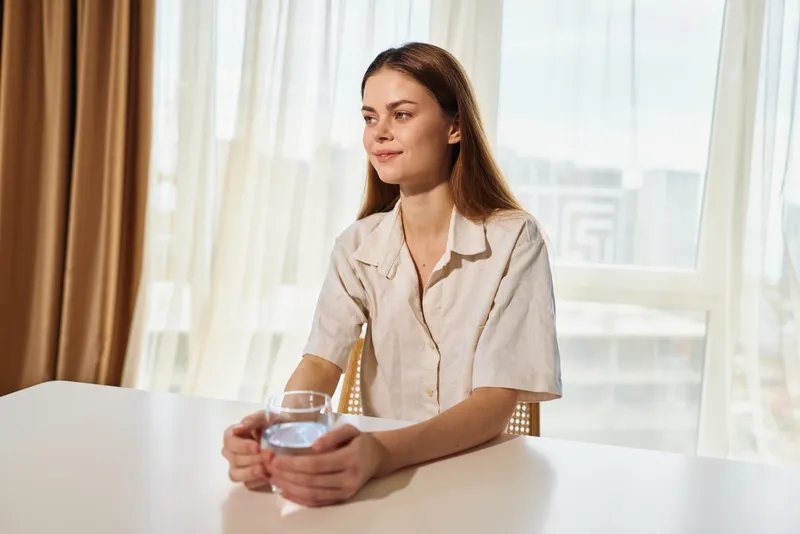 Woman holding glass of water at table by window with a gentle smile, morning light and relaxed pose. Home interior portrait conveying hydration, calm mood, wellness and everyday routine.
