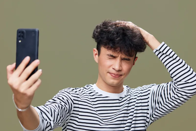 Young man taking a selfie with a puzzled expression wearing a striped shirt against a plain olive background, casual style with natural lighting, indoor portrait.