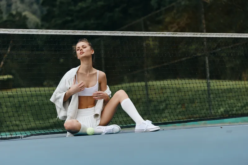 Female model in sporty attire expressing emotion while sitting on a tennis court, surrounded by green nature and soft color palette, showcasing athleticism and style