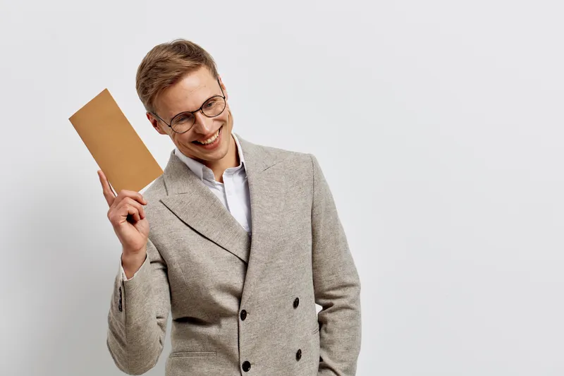 smiling man wearing beige suit jacket holding envelope isolated on white background positive emotions concept digital nomad mail communication