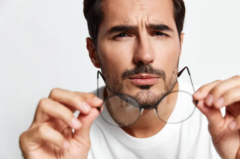 Serious looking young man with stylish hair and beard holds glasses in hand, contemplating, dressed in casual white t-shirt against a plain light background.