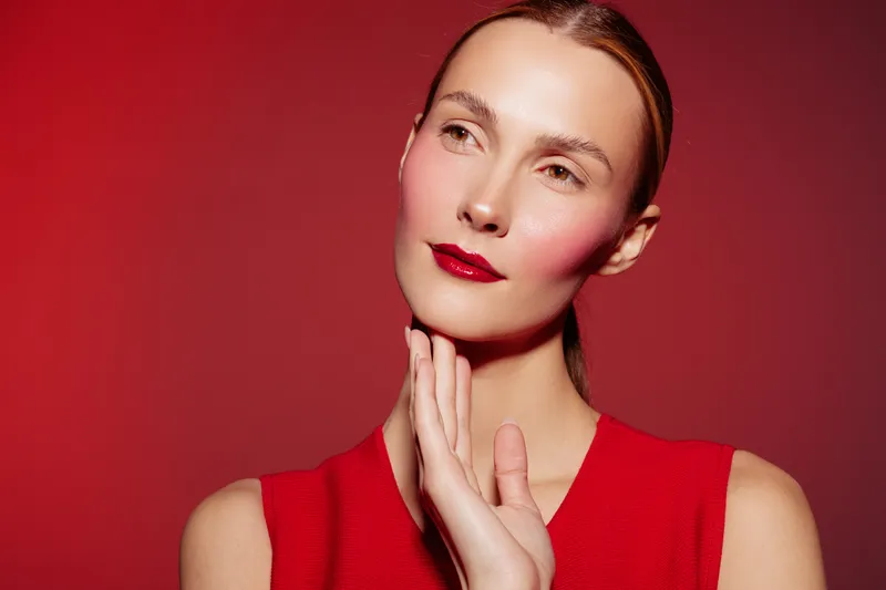 Portrait of a woman with glossy red lips and natural makeup on red background. She wears a red sleeveless top and gently touches her neck. Concept of beauty, fashion, and elegance.