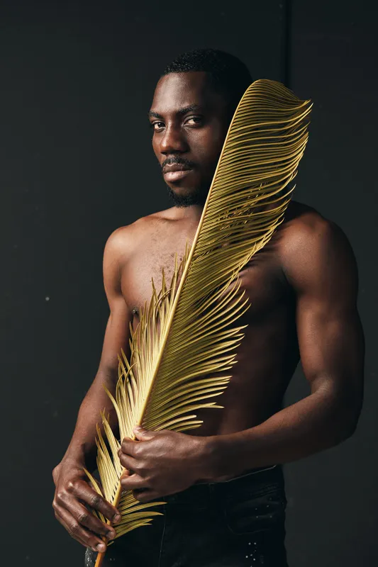Creative visual design portrait of dark skinned African man with bare chest holding large golden decorative leaf on black background in studio. Artistic concept with ethnic model.