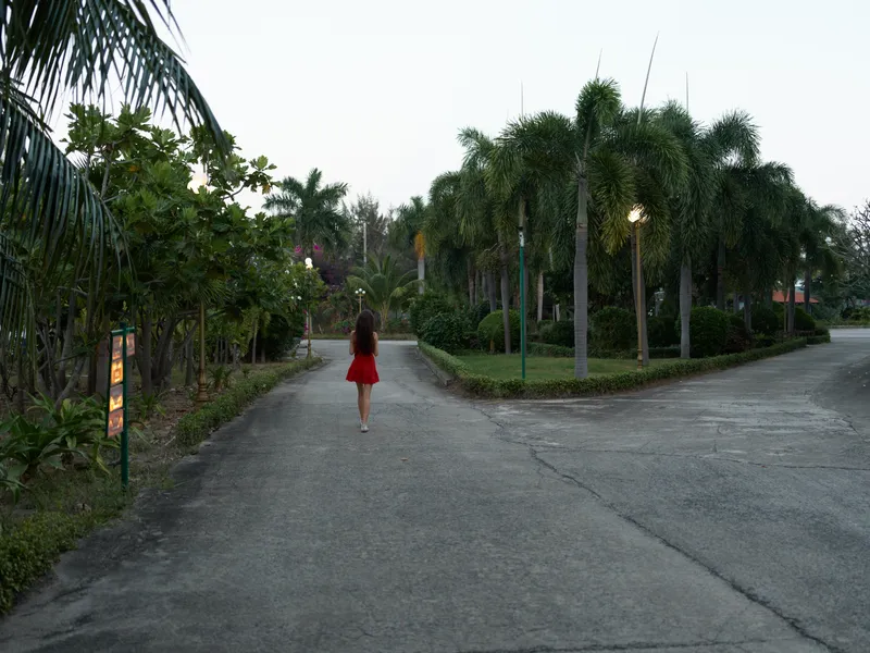 Woman wearing red dress walking alone on concrete pathway surrounded by tropical plants and trees in early evening light.
