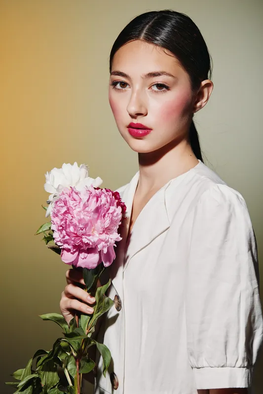 Elegant young woman with flawless makeup poses holding pink peony flower in a white blouse against soft gradient background. Creative beauty fashion concept.