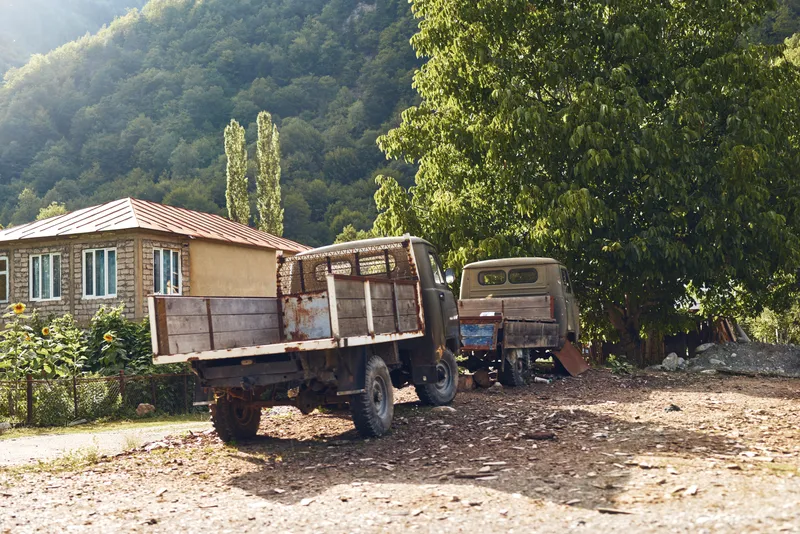 Truck vintage rural countryside house mountain tree abandoned yard with rustic textures authenticity inclusivity