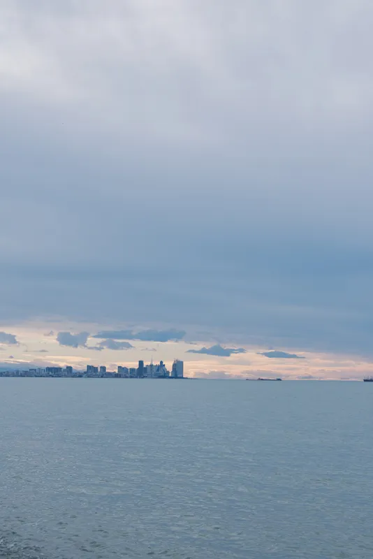Seascape with distant city skyline on the horizon, calm water in the foreground under cloudy skies, tranquil twilight mood and wide open ocean view.