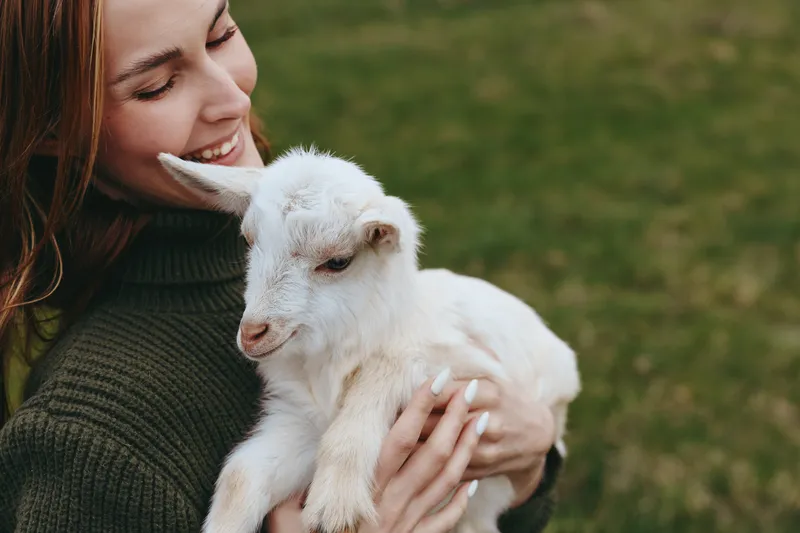 Smiling woman holding a white goat kid in an outdoor setting, close up on green grass with soft light, concept of companionship, rural lifestyle, and animal care, warm, tender mood highlights bonding