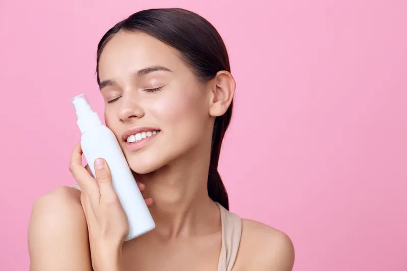 Young woman, holding a skincare product, enjoying a moment of self care on a pink background, highlighting beauty, wellness, and confidence in skincare