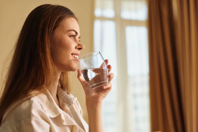 woman with glass of water smiling at window in home portrait, drinking and relaxing in morning sunlight. Female profile, healthy hydration, cozy room scene for lifestyle and wellness routine