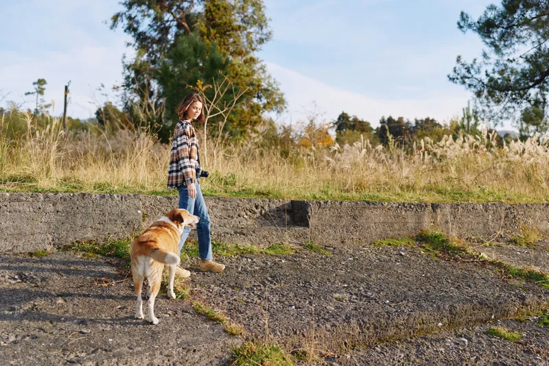A woman and her dog walk along a gravel path in a sunlit field, capturing outdoor leisure and nature exploration with tall grass, trees, and a calm countryside atmosphere.