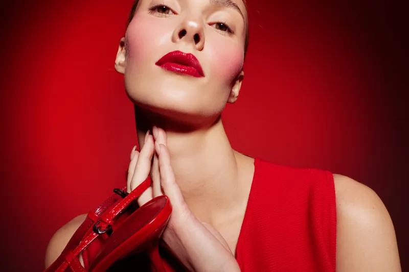Close-up of a woman with glossy red lips and red dress posing against a red background. Fashion concept with bold makeup and stylish elegance in a vibrant studio setting.