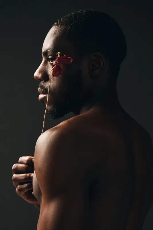 Creative conceptual portrait of African man with dark skin holding red flower near face in artistic visual style. Studio lighting highlights profile and emotional expression on bare shoulder.