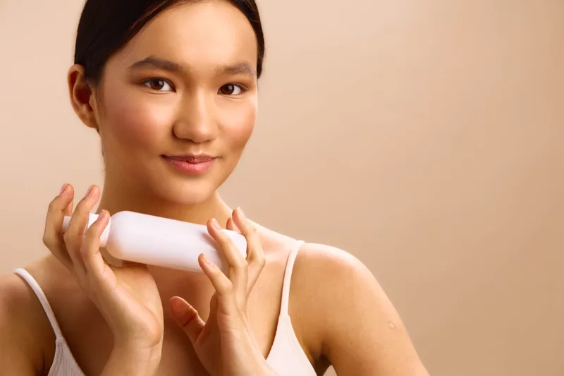 Asian woman applies skincare cream from a white bottle, smiling softly as she stands against a warm beige background, presenting a fresh, healthy beauty routine moment.