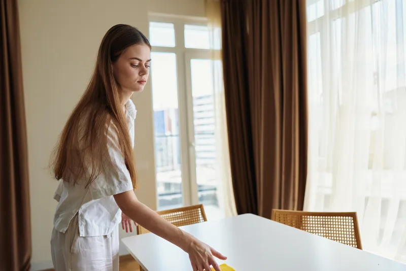 Woman cleaning a white table with cloth in bright apartment by window and curtains, casual home tidying and domestic chores with a focused young adult maintaining a neat interior