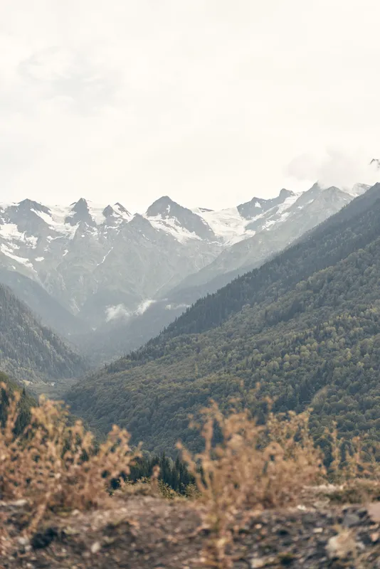 Majestic mountains rise over a tranquil landscape with rugged peaks, expansive sky, and foreground grasses, creating a serene outdoor nature scene rich in detail.