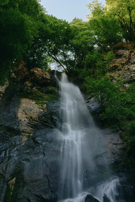 Natural waterfall cascading down rocky cliff surrounded by lush green forest, clear flowing water, peaceful outdoor landscape with vibrant foliage and tranquil atmosphere.