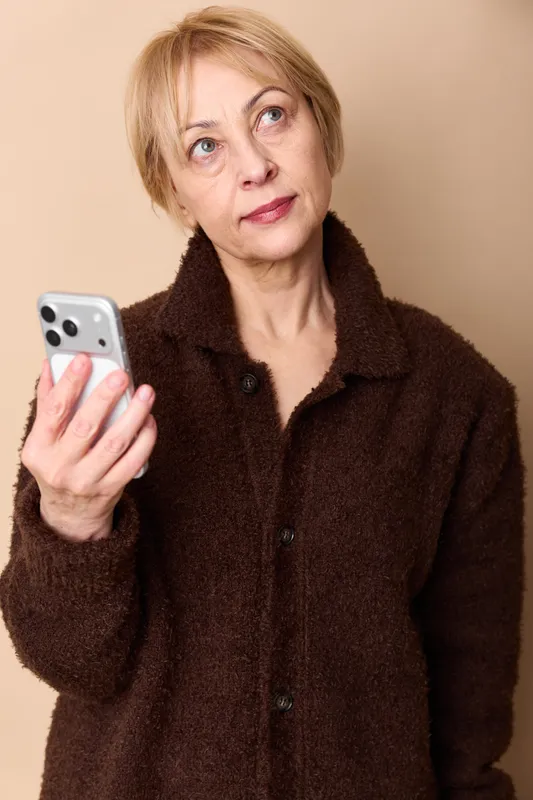 Senior woman holds smartphone in studio portrait on beige background, technology communication lifestyle indoors mood, calm expression, short hair, dark coat, messaging for comfort and selfie
