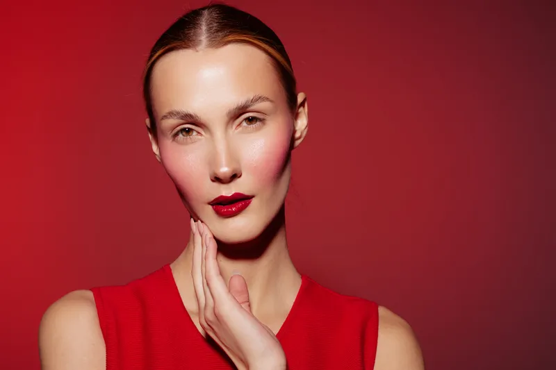 Portrait of a woman with red lipstick and blush on cheeks wearing a red sleeveless top against a red background. Concept of beauty, makeup, fashion, and elegance.