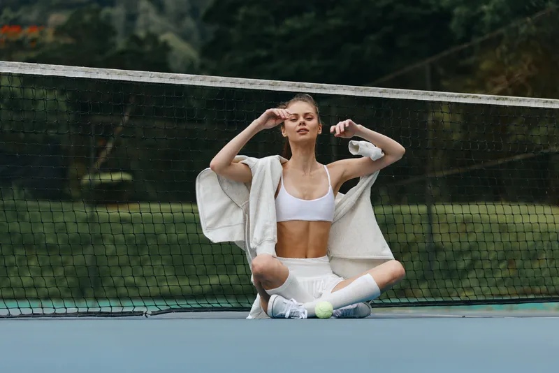 Young athletic woman resting on a tennis court, wearing sporty white outfit, conveying relaxation and focus, surrounded by green background and vibrant colors