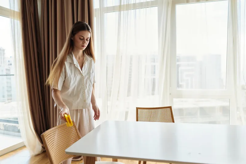 Woman standing by dining table and chair holding a juice bottle in bright morning home interior with sheer curtains, relaxed loungewear, natural light and minimalist cozy decor