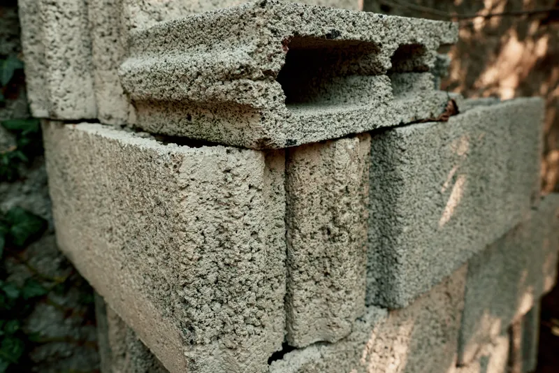 Concrete blocks masonry wall texture in closeup with weathered surface, detailing cement gray tones and rugged construction for architectural rustic appeal