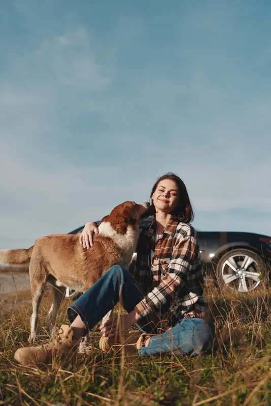 Woman sitting on grass with a large dog in a sunny field, casual plaid shirt and jeans, car in the background, enjoying a friendly outdoor moment and companionship with her pet.