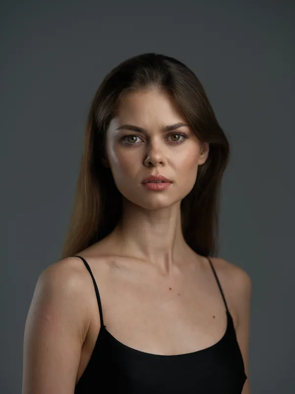 serious woman with long brown hair wearing black top against dark background, natural light, beauty portrait
