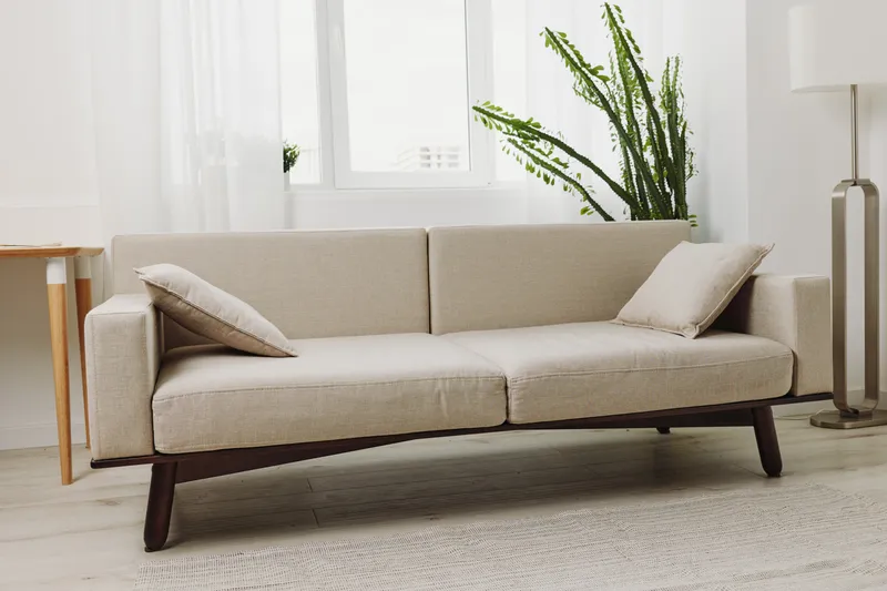 Minimalist beige sofa with angled wooden legs in bright living room with natural light, green plant, and neutral decor. Concept for modern interior and cozy home design.
