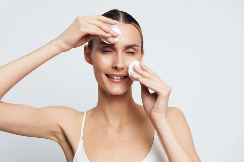 Young woman with clear skin removes makeup with cotton pads on face smiling gently isolated on white background in skincare routine and beauty concept.