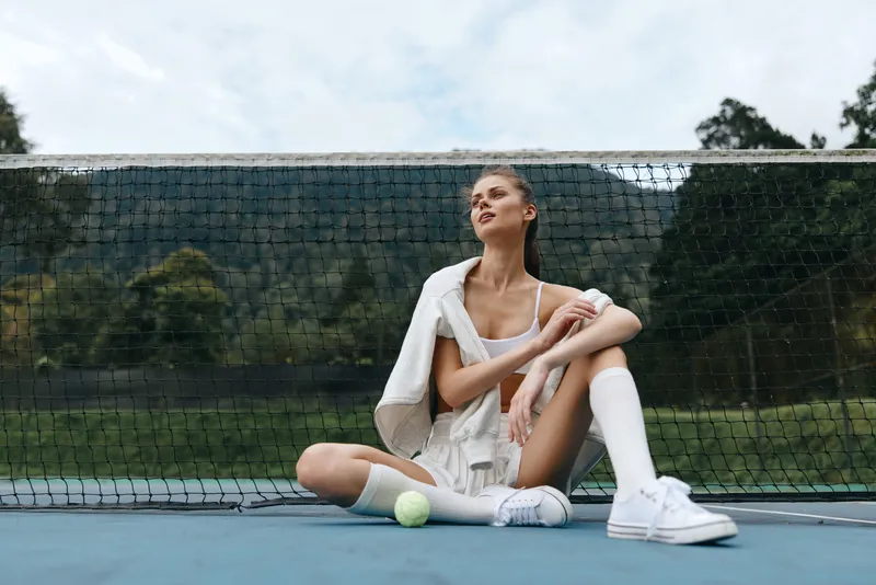 Young athletic woman relaxing on a tennis court, wearing sportswear, showcasing confidence and determination in a nature inspired setting
